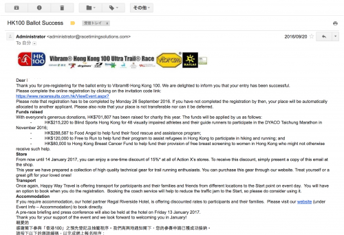 vibram hong kong 100 当選通知